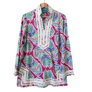 Southern Frock Dress Size Medium, Embroidered Pink Blue Split V-Neck Beach Luxe